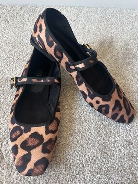 Zara Leopard Animal Print Mary Jane Strap Ballet Flats Slide On Preppy Brown
